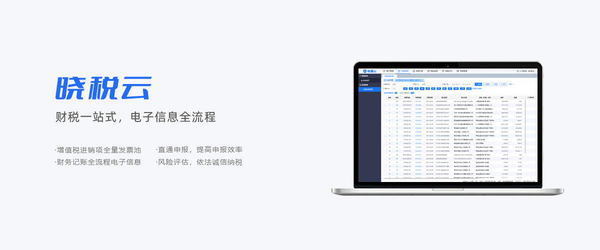 晓税云，财税一站式，电子信息全流程。增值税进销项全量发票池，财务记账全流程电子信息，直通申报，提高申报效率，风险评估，依法诚信纳税